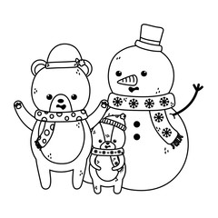 cute snowman bear squirrel with hats merry christmas thick line