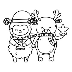cute sheep and reindeer with star and bell merry christmas thick line