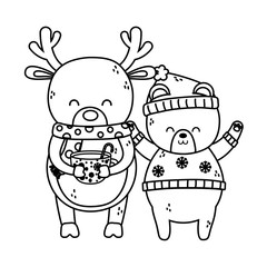 cute polar bear with hat and deer with gift merry christmas thick line