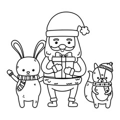 cute santa rabbit and squirrel with gift merry christmas thick line