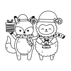 cute fox and sheep with gift and bell merry christmas thick line