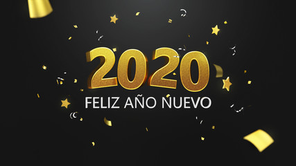 Feliz a&ntilde;o nuevo 2020 en letras doradas y fondo negro