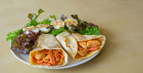 Homemade Ham and Chicken Kebab with vegetable salad and boiled egg 