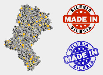 Mosaic gear Silesian Voivodeship map and blue Made In grunge stamp. Vector geographic abstraction model for technical, or patriotic purposes.