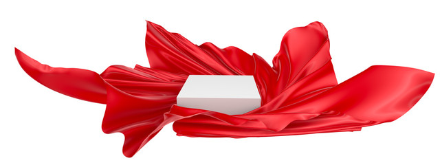 White square surface surrounded by red wavy fabric, silk or satin. 3d rendering image.