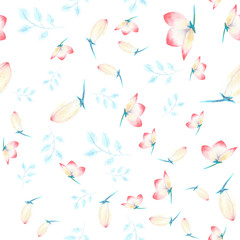 Seamless pattern with pink hellebore flowers, buds, leaves, decorative twigs on white isolated . Watercolor illustration, handmade.