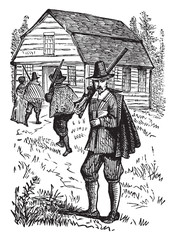 Puritan Church,vintage illustration