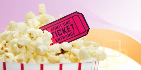 Popcorn food in box  and ticket on background