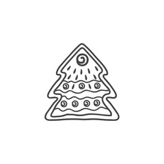 Gingerbread cookie in the form of a Christmas tree. Vector linear illustration in doodle style. Gingerbread.