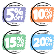 Set Sale tags, discount brush grunge banners design template, app icons, vector illustration