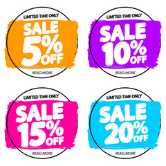 Set Sale tags, discount brush grunge banners design template, app icons, vector illustration