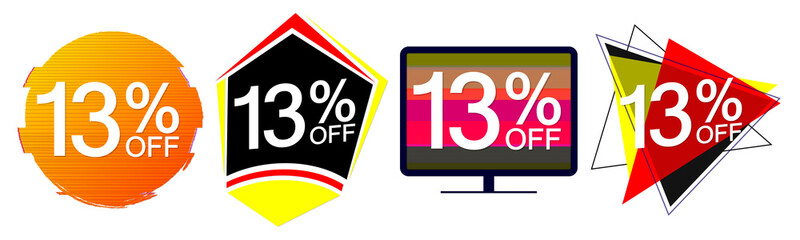 Set Sale 13% off, discount banners design template, promo tags, extra offers, vector illustration