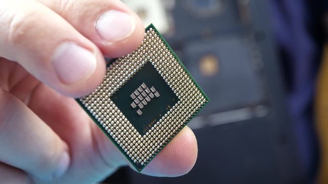 Hand of computer repairman holds computer cpu processor.Technology and development concept. Computer technology and hardware maintenance or repair