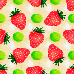Strawberry watercolor seamless pattern. Watercolor illustration with colorful strawberries. Seamless watercolor pattern for print design. Colorful wallpaper. Isolated illustration. White isolated