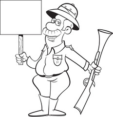 Black and white illustration of a big game hunter holding a large rifle and a sign