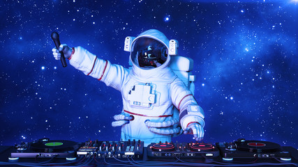 DJ astronaut, disc jockey spaceman holding microphone and playing music on turntables, cosmonaut on stage with deejay audio equipment, 3D rendering