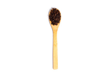 coffee beans and spoon wooden on white background