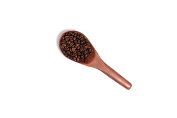 coffee beans and spoon wooden on white background