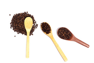 coffee beans and spoon wooden on white background
