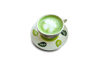Top view Hot green tea matcha latte in a cup white background isolated