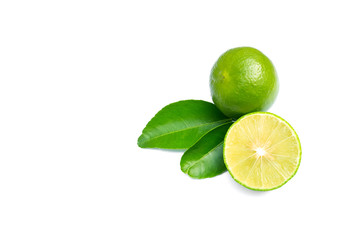 Set of  fresh lime. Green leaf lime isolated on white background.