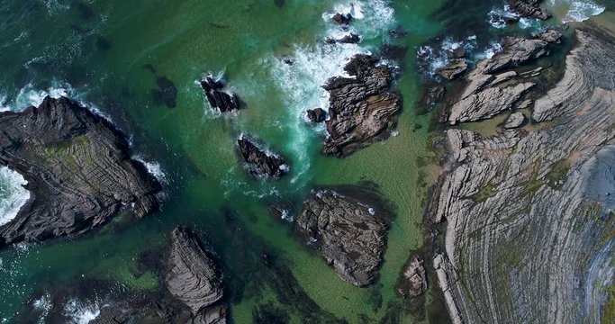 Aerial view of the Carreagem Beach and the rock formations at the in Aljezur, Algarve; 