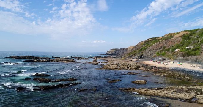 Aerial view of the Carreagem Beach and the rock formations at the in Aljezur, Algarve; 