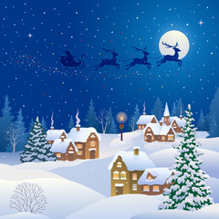 Christmas night village and Santa Claus flying sleigh