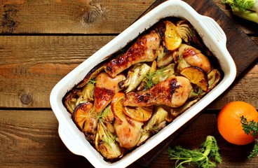 dish with fennel. Baked chicken drumsticks with fennel and oranges. festive dish, popular in the Mediterranean. Keto diet dish. ceramic baking dish. top view. Flatlay