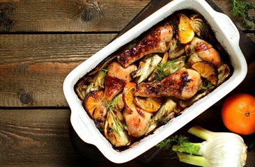 dish with fennel. Baked chicken drumsticks with fennel and oranges. festive dish, popular in the Mediterranean. Keto diet dish. ceramic baking dish. top view. Flatlay