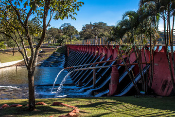Londrina, Parana, Brazil, May 25, 2019. Tourists at the Igapo Lake Dam in Londrina, northern Parana State - obrazy, fototapety, plakaty