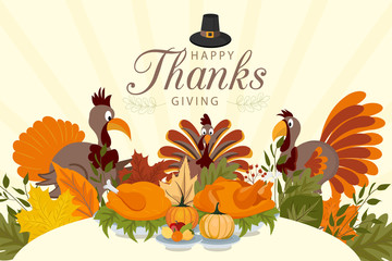 Happy Thanksgiving background with vegetables and colorful leaves.
