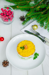 Salad with salted salmon (red fish), fresh cucumbers, rice and eggs on a white plate for Christmas and New Year.