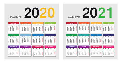 Colorful Year 2020 and Year 2021 calendar horizontal vector design template, simple and clean design. Calendar for 2020 and 2021 on White Background for organization and business. Week Starts Monday.