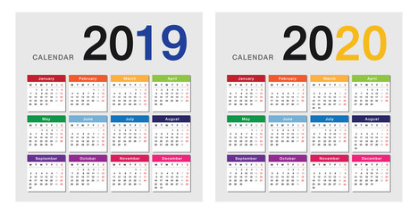 Colorful Year 2019 and Year 2020 calendar horizontal vector design template, simple and clean design. Calendar for 2019 and 2020 on White Background for organization and business. Week Starts Monday.