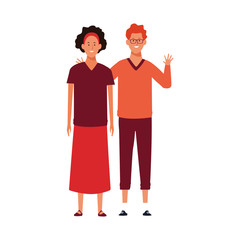 cartoon young couple waving, colorful design