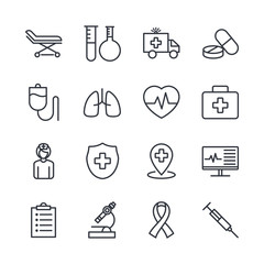 Medical Assistance Related Vector Line Icons template color editable. Contains such Icons as Wheelchair, Hospital Locator and more symbol vector sign isolated on white background illustration for grap