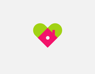Obraz premium Abstract geometric bright green and pink color logo image of a house and a heart for a construction company