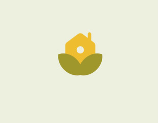Creative green and yellow color logo image of a house and flower plants for a construction company