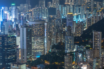 Naklejka premium Night scene of aerial view of Hong Kong City