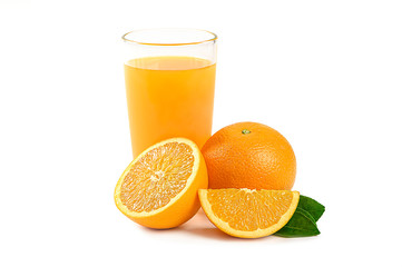 Glass of Orange juice with pulp and leaves isolated on white