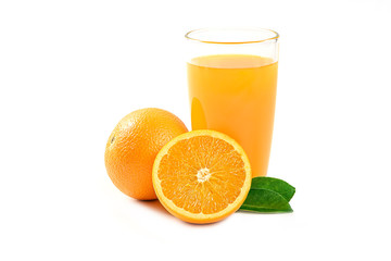 Glass of Orange juice and half ,leaves isolated on white background.