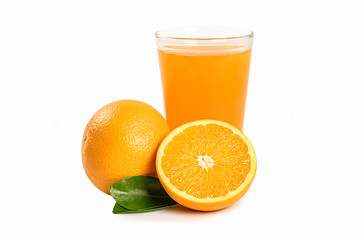 Glass of orange juice and oranges isolated on white