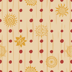 Seamless pattern. Ethnic background, sun symbols, vector design.