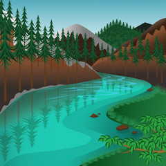Natural scenery illustrations Flowing water path in the pine forest mountain range with meadows by the river