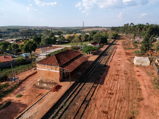 Fototapeta na wymiar Aerial view of the old and abandoned train station in Avai municipality, midwest region of Sao Paulo state