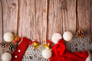 Christmas background. Flat lay composition of christmas decoration and ornament on wooden background. Copy space for text