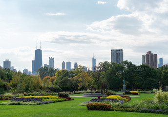 Chicago Skyline seen from a Garden with Plants and Flowers in Lincoln Park Chicago
