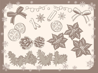 Christmas themed decorative items. Vintage style. Vector illustration.	