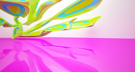 Abstract smooth architectural white interior with color gradient of a minimalist house with large windows. 3D illustration and rendering.